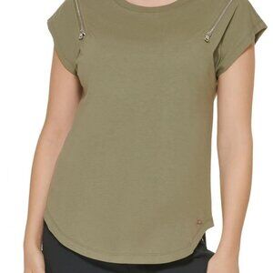 DKNY Women’s Zip‑Shoulder T‑Shirt Olive XL Short Sleeve NWT - A133